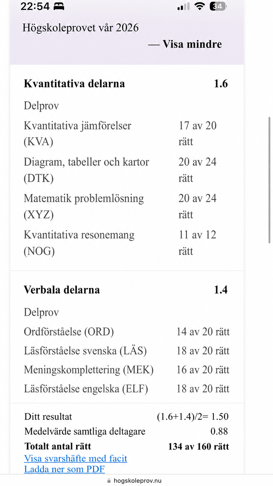 Resultat från högskoleprovet vår 2026 för Amanda Sjögren, 1.50 poäng