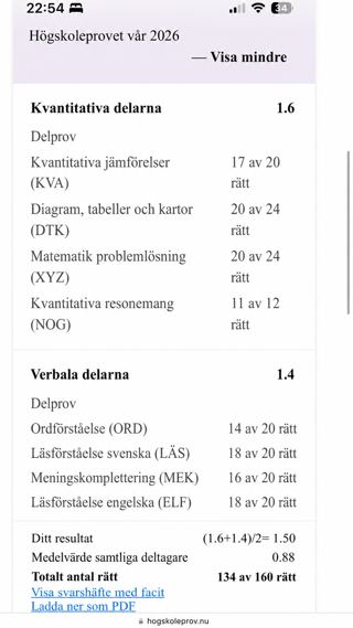 Skärmdump av elevens resultat på högskoleprovet